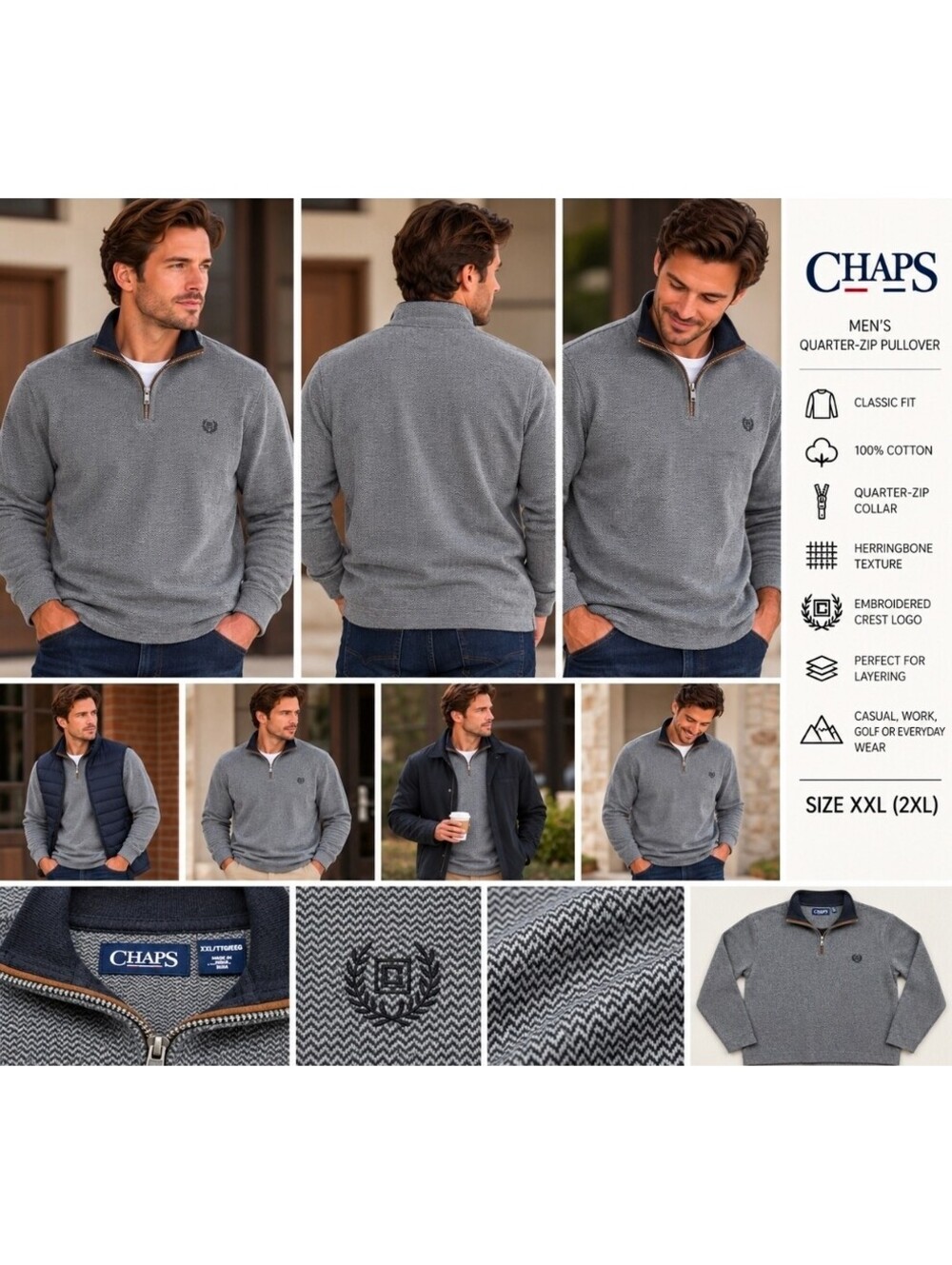 Chaps Men’s XXL Quarter Zip Pullover Gray Herringbone 100% Cotton Preppy